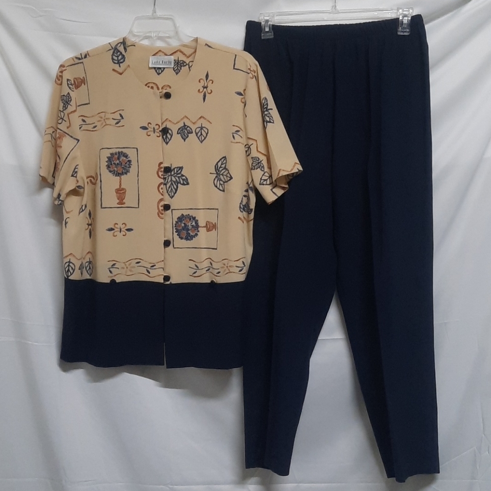 Lady Dorby Tan/Blue leaf print top and Navy pants